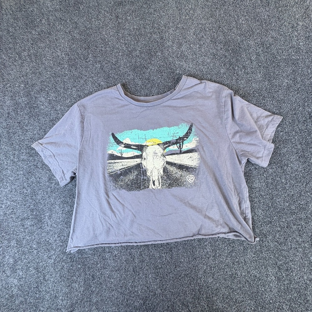 Rock & Roll Denim T-Shirt Womens Large Lavender Gray Longhorn Skull Cropped